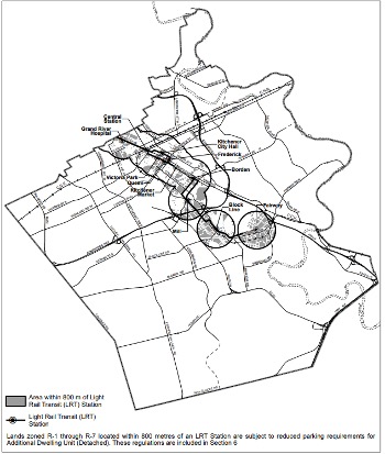Map of Kitchener showing the LRT stops and areas around each stop under consideration