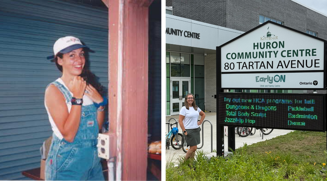 Teagan smiles at the camera - left side, pictured at her first role at the City - right side, pictured at her current job at the City.