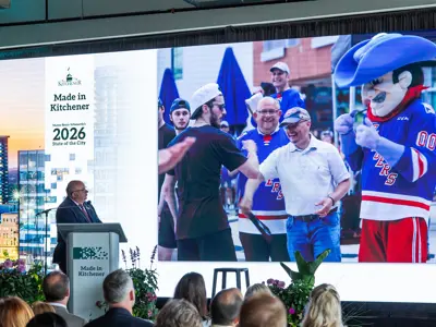 The Mayor delivering his State of the City speech and talking about the Kitchener Rangers