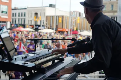 performing play keyboard in front of large audience