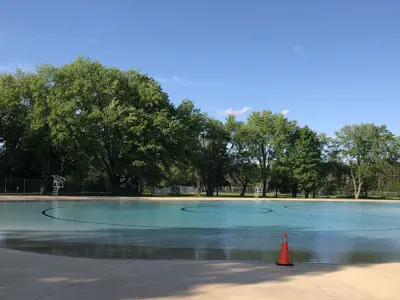 outdoor pool with trees in the backdrop