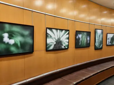 Soft-focus images of flowers and other organic materials hanging from the wall in the Rotunda Gallery