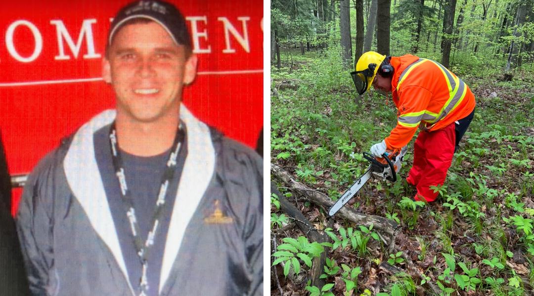 Side-by-side image: On the left, a man in a navy City of Kitchener jacket and cap smiles in front of a red backdrop with white text. On the right, the same man is in high-visibility safety gear—orange jacket, red pants, yellow hard hat, face shield, and ear protection. He is cutting a fallen tree branch in a forest.