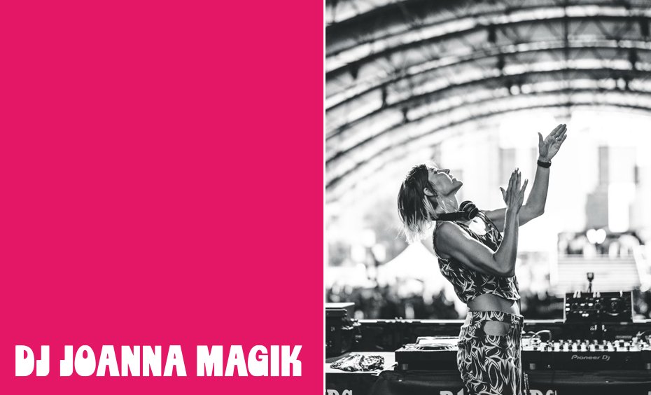 Image of performer Joanna Magik on a festival stage with a crowd in the background behind her, accompanied by text reading "DJ Joanna Magik"
