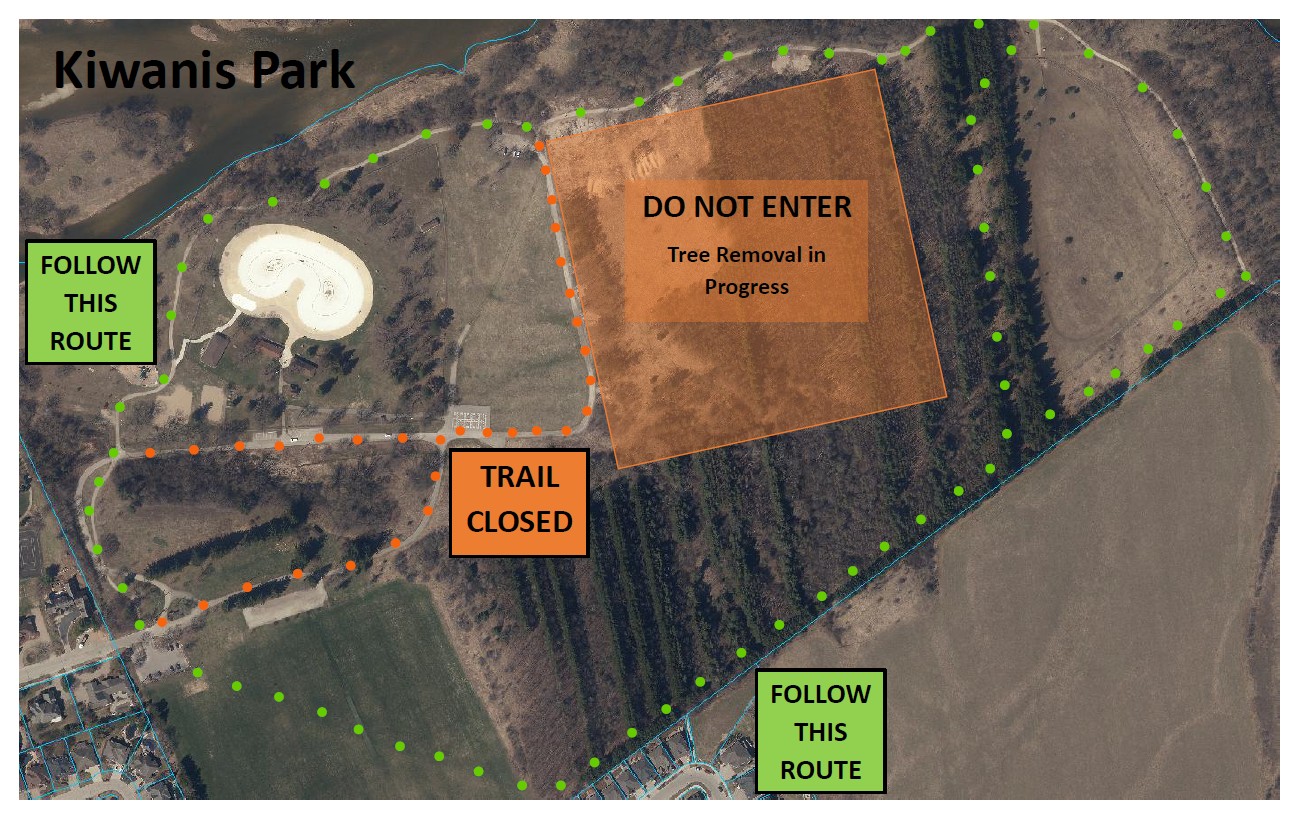 Map showing areas of Kiwanis Park that are open and closed during restoration work